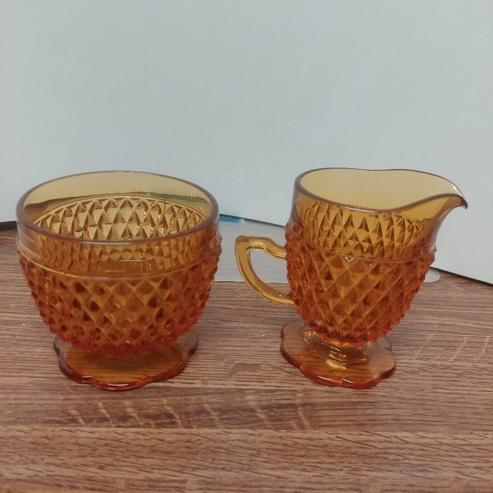 Vintage* 70s Indiana Glass Co Diamond Point Amber Cream and Sugar Set